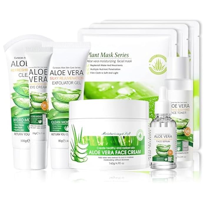XMXueMei Aloe Vera Face Skincare Set,9 Pcs Aloe Vera Skin Care Set with Face Masks,Exfoliating Gel, Wash,Toner, Serum, Moisturizer Cream,Eye Cream,Moisturizing Skin Care Kit - Image 1