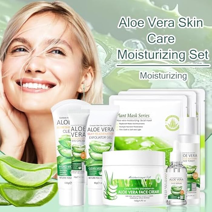 XMXueMei Aloe Vera Face Skincare Set,9 Pcs Aloe Vera Skin Care Set with Face Masks,Exfoliating Gel, Wash,Toner, Serum, Moisturizer Cream,Eye Cream,Moisturizing Skin Care Kit - Image 2