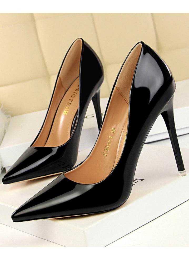 BIGTREE Women's Comfortable Shiny Stiletto Pumps 10.5cm Elegant Gorgeous Closed Pointed Toe Slip On Solid High Heels Black - Image 1