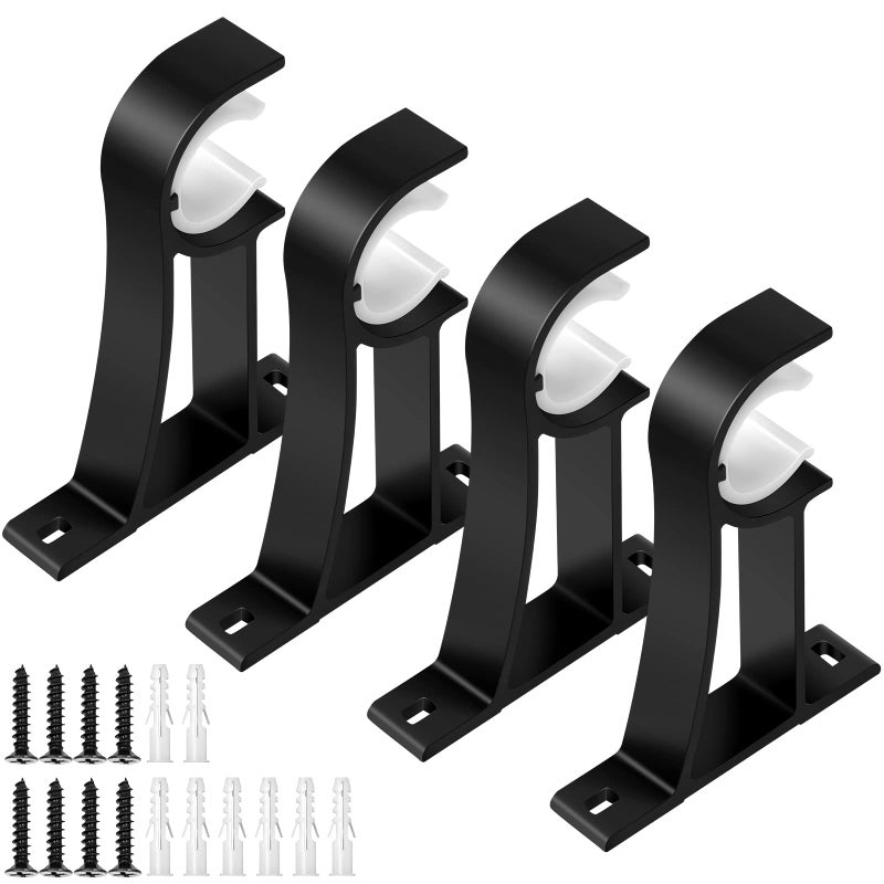 KOLAKO Curtain Rod Bracket Heavy Duty Curtain Rod Holders Single Decorative Rod Hooks Hanger Fit for 1 Inch Drapes Rod Black Set of 4
