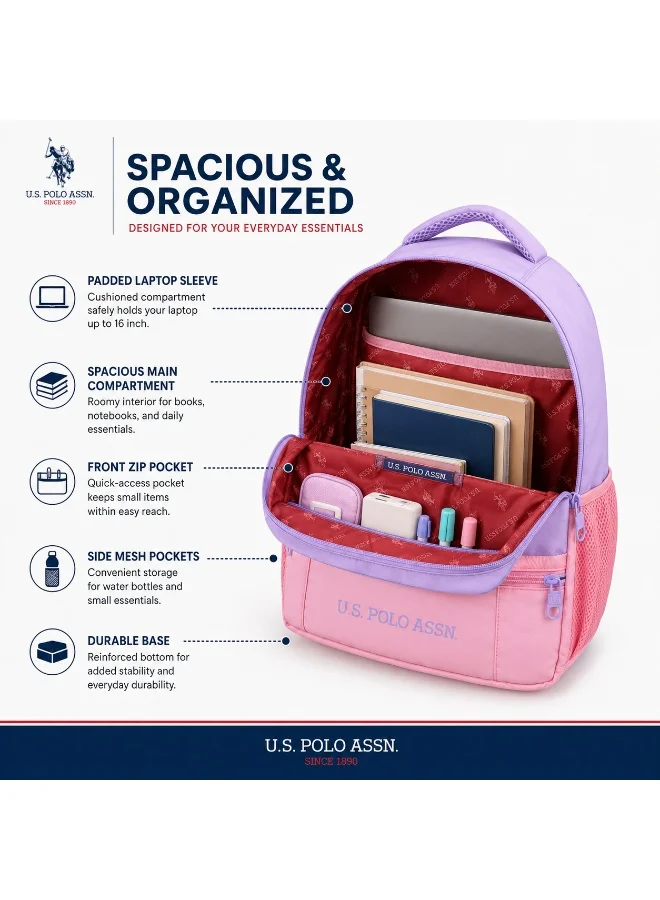 U.S. Polo Assn.  U.S. Polo Assn. Classic Lilac Blush Pastel Colourblock Backpack for School and Office MultiCompartment Bag for Campus  | Best Price UAE