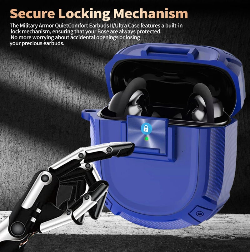 Olytop for New Bose QuietComfort Earbuds II (2022) / Ultra (2023) Case Cover with Lock Clip&Cleaner kit Pen, Rugged Shockproof Protective Hard Skin with Carabiner Men Women for Bose QC 2 - Blue - Image 2
