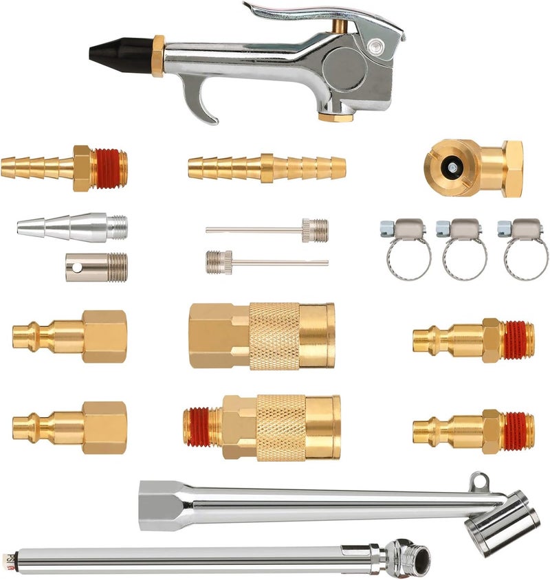 Hromee Air Hose Fittings 1/4 Inch NPT Brass Quick Connect Coupler and Plug, 20 Pieces Air Compressor Accessory Kit with Blow Gun and Tire Gauge - Image 1