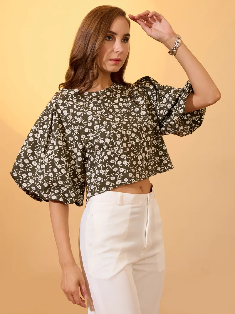 globus Women Green Round Neck Puff Sleeves Floral Print Top