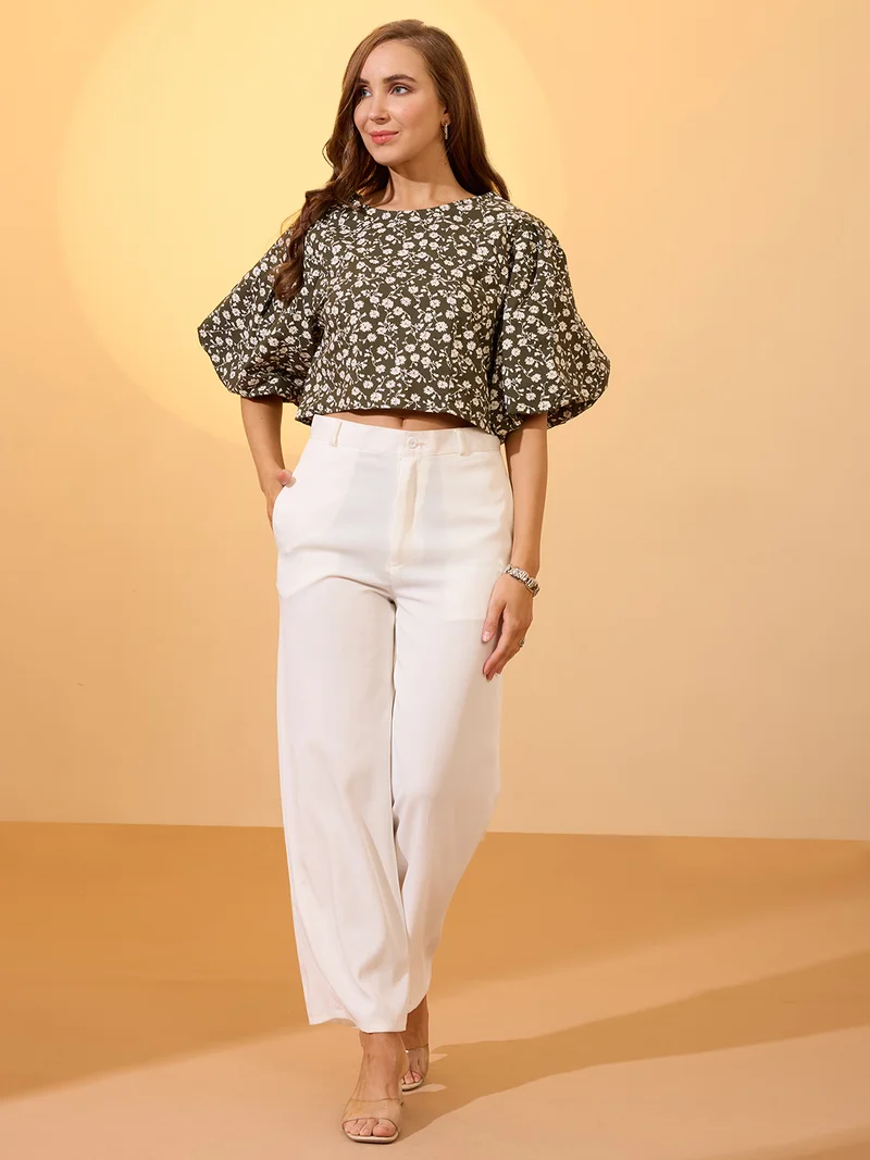 globus Women Green Round Neck Puff Sleeves Floral Print Top