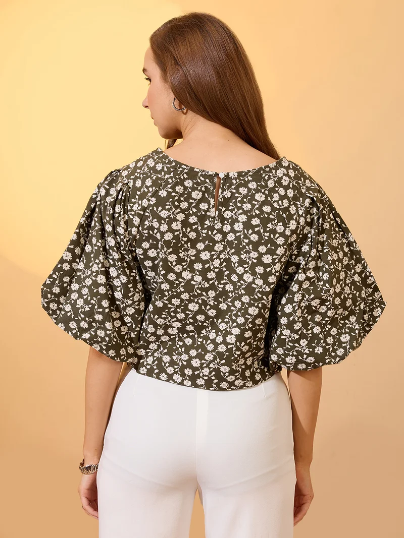 globus Women Green Round Neck Puff Sleeves Floral Print Top