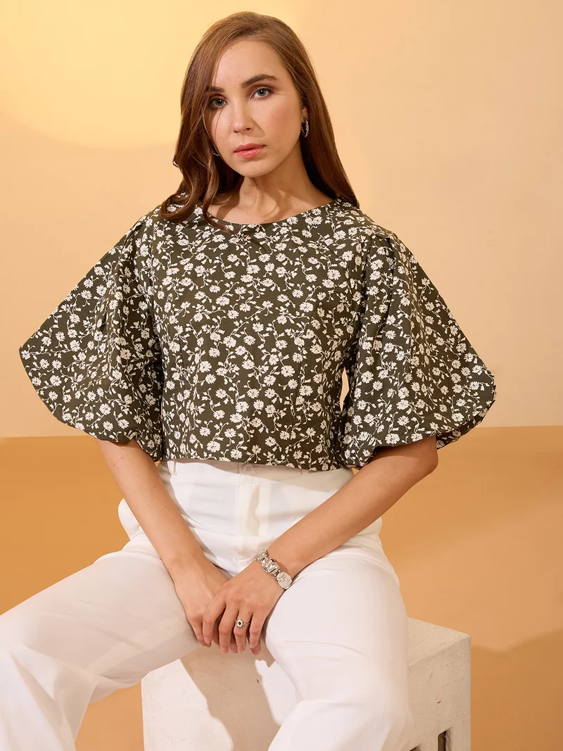 globus Women Green Round Neck Puff Sleeves Floral Print Top