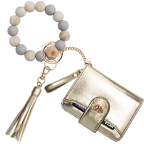 SNUG STAR Multi-Purpose Wallet High Capacity Card Holder Zipper Coin Purse with Wristlet Bracelet Keychain Silicone Beaded Bangle (Anti Theft Silicone Bracelet(16 Cards)-Light Gold) - Image 1