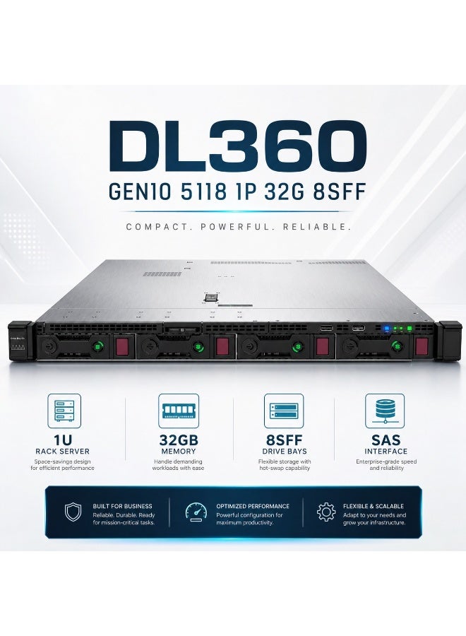سيرفر راك DL360 Gen10 بحجم 1U بمعالج Intel Xeon 5118 ‏12 نواة 2.3GHz وذاكرة 32GB DDR4 ECC Registered و8 فتحات SFF - Image 1