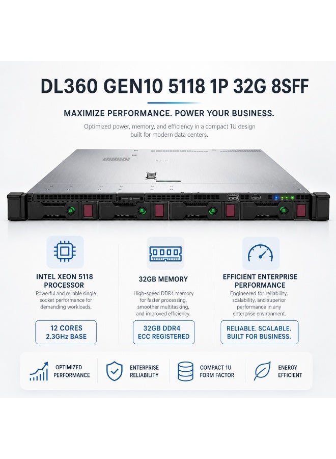 سيرفر راك DL360 Gen10 بحجم 1U بمعالج Intel Xeon 5118 ‏12 نواة 2.3GHz وذاكرة 32GB DDR4 ECC Registered و8 فتحات SFF - Image 2