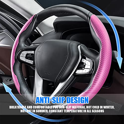 LoyaForba Car Steering Wheel Cover, Carbon Fiber PU Leather Segmented Steering Wheels Protector, Breathable Anti Slip Durable Auto Interior Accessories for Women Men (Carbon Fiber Pink) - Image 4