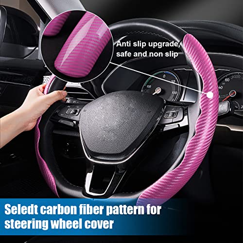 LoyaForba Car Steering Wheel Cover, Carbon Fiber PU Leather Segmented Steering Wheels Protector, Breathable Anti Slip Durable Auto Interior Accessories for Women Men (Carbon Fiber Pink) - Image 3