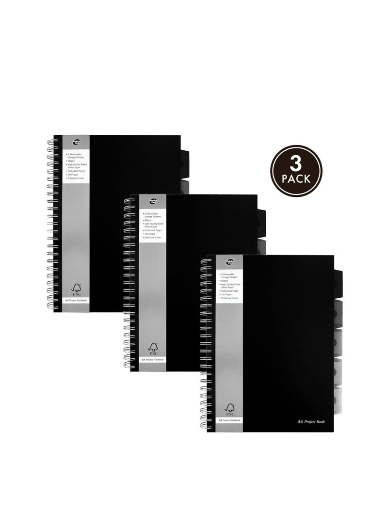 Pukka Pad, A4 Executive Project Notebook 3-Pack - 29.7 x 21cm - Wirebound Notebook with 8mm Feint Ruled Lines on 80GSM Paper - Includes 5 Repositionable Dividers with Storage Pockets - 250 Pages - Image 1