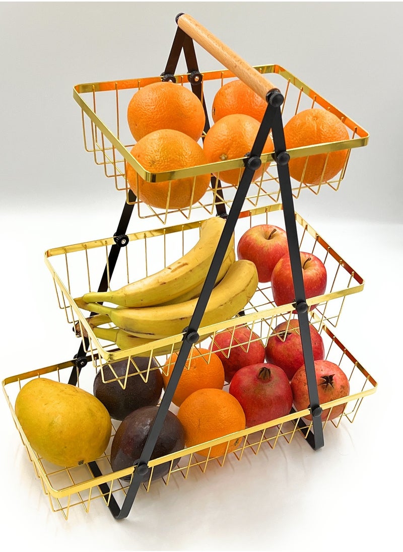 VIO 3 Tier Countertop Metal Fruit Basket Fruit Bowl Bread Basket Vegetable Holder Organizer 3 Level Decorative Storage Stand Tray for Home Kitchen Countertop Great Gift Gold Black  - Image 4