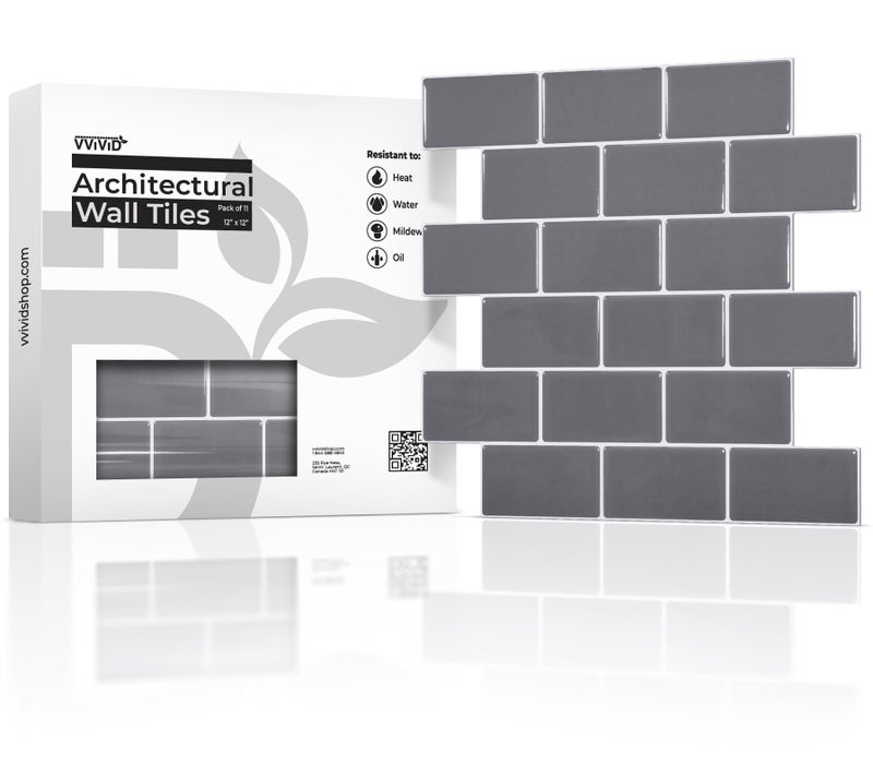VViViD 11 Sheets Peel and Stick Grey Gloss Faux Ceramic Brick Wall Tiles Self Adhesive Backsplash 12x12 2mm Thick Kitchen Bathroom 11 sq ft - Image 2