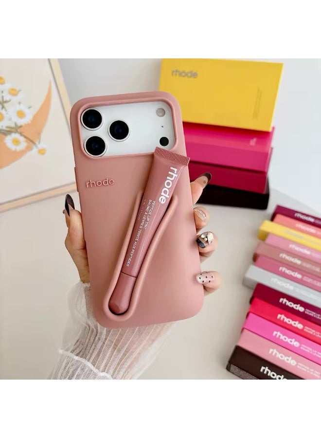 rhode Lip Gloss Phone Case with Lip Tint, For iPhone Case Liquid Silicone Camera Protection Lipstick Lip Glaze Phone Case for iPhone 16 Pro (Toast)
