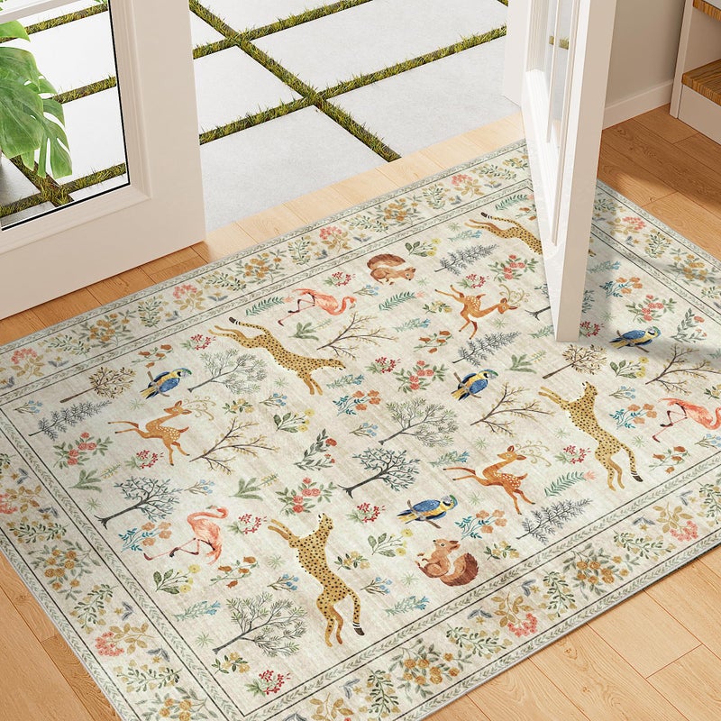 DUKINO 2x3 Rug, Washable Animal Rugs for Entryway, Non Slip Indoor Door Mat, Soft Low Pile Small Area Carpet for Entrance, Bedroom, Kitchen, Laundry, Bathroom, Beige - Image 1