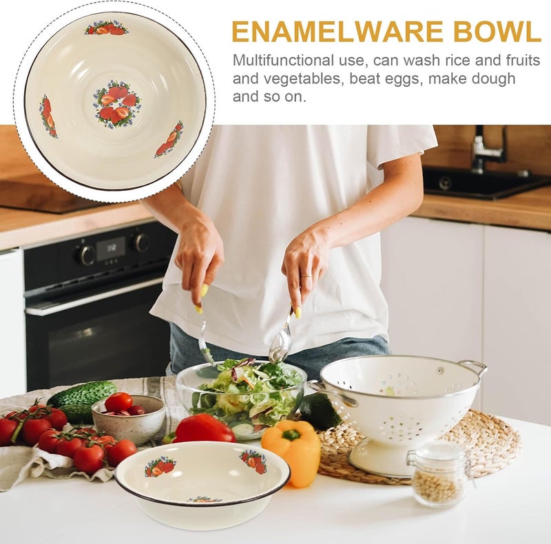 Cabilock Enamel mixing bowls Vintage Enamelware Washing Basin Kitchen Bowl Porcelain Egg Beating Bowl Plate Dish for Fruit Salad Pasta Dinner Random Style - Image 2