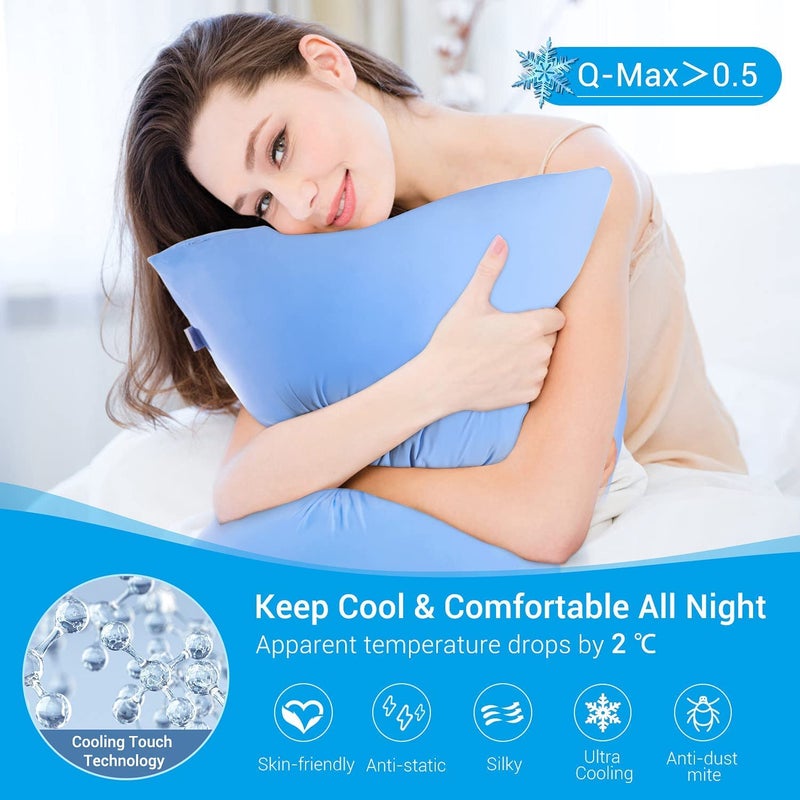 LUXEAR Cooling Pillow Cases, 2 Pack Stretch Arc-Chill Q-max 0.55 Cool Pillowcases Fit Standard & Queen Size Pillows, Breathable Silky Summer Pillow Cover for Hair Skin Hot Sleeper Night Sweat - Blue - Image 3