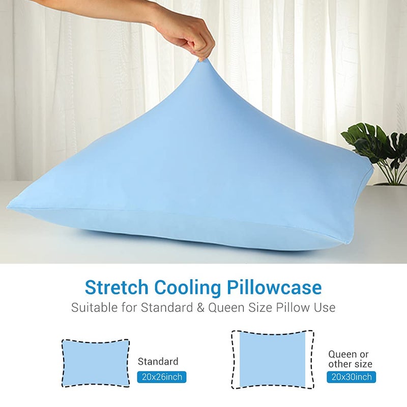 LUXEAR Cooling Pillow Cases, 2 Pack Stretch Arc-Chill Q-max 0.55 Cool Pillowcases Fit Standard & Queen Size Pillows, Breathable Silky Summer Pillow Cover for Hair Skin Hot Sleeper Night Sweat - Blue - Image 4