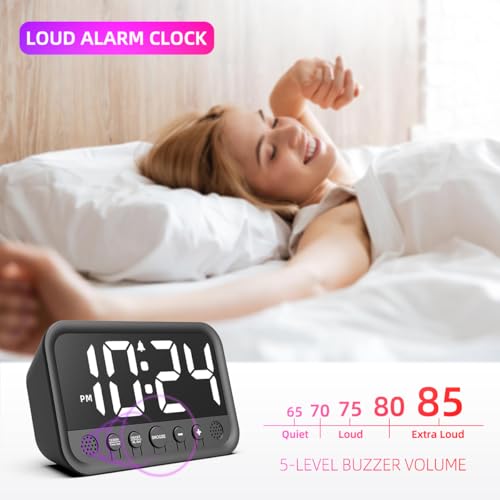 XUANZIT Small LED Digital Clock for Bedroom, Loud Alarm Clock for Heavy Sleepers Adults, Teens | Plug-In Electric Desk Clock | Simple Bedside Nightstand Clock with Adjustable Volume/Brightness/Snooze – White - Image 3