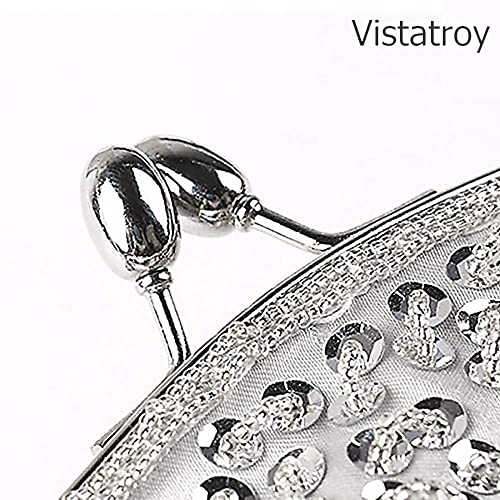 VISTATROY حقيبة يد مسائية بتصميم عتيق مزينة بالخرز والزجاج للنساء (فضي) - Image 3