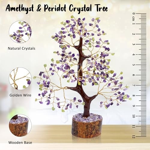 Crocon Gemstone Money Tree | Feng Shui Bonsai | Energy Generator | Attract Good Luck | Chakra Balancing | Spiritual | Reiki Crystal Healing | Enhancement | Home Decor (Amethyst + Peridot) - Image 2