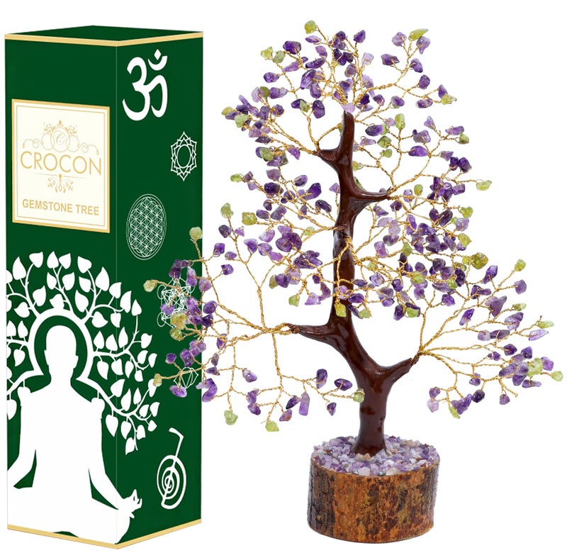 Crocon Gemstone Money Tree | Feng Shui Bonsai | Energy Generator | Attract Good Luck | Chakra Balancing | Spiritual | Reiki Crystal Healing | Enhancement | Home Decor (Amethyst + Peridot) - Image 1