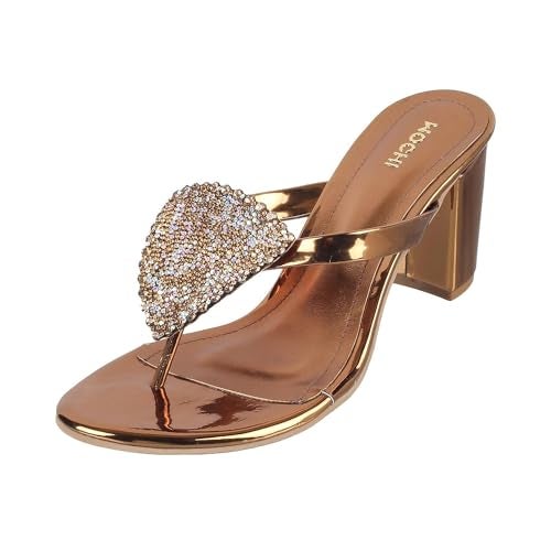 Mochi Women Antic Gold Block Heel Beaded Fashion Slip-on Sandal UK/3 EU/36 (40-209) - Image 1