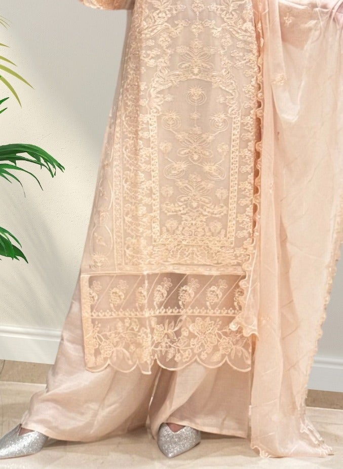 وينشيلز فستان باكستاني أنيق مطرز للنساء - مناسب للارتداء الرسمي وغير الرسمي مع وشاح شيفون - لون وردي/خوخي - Image 2