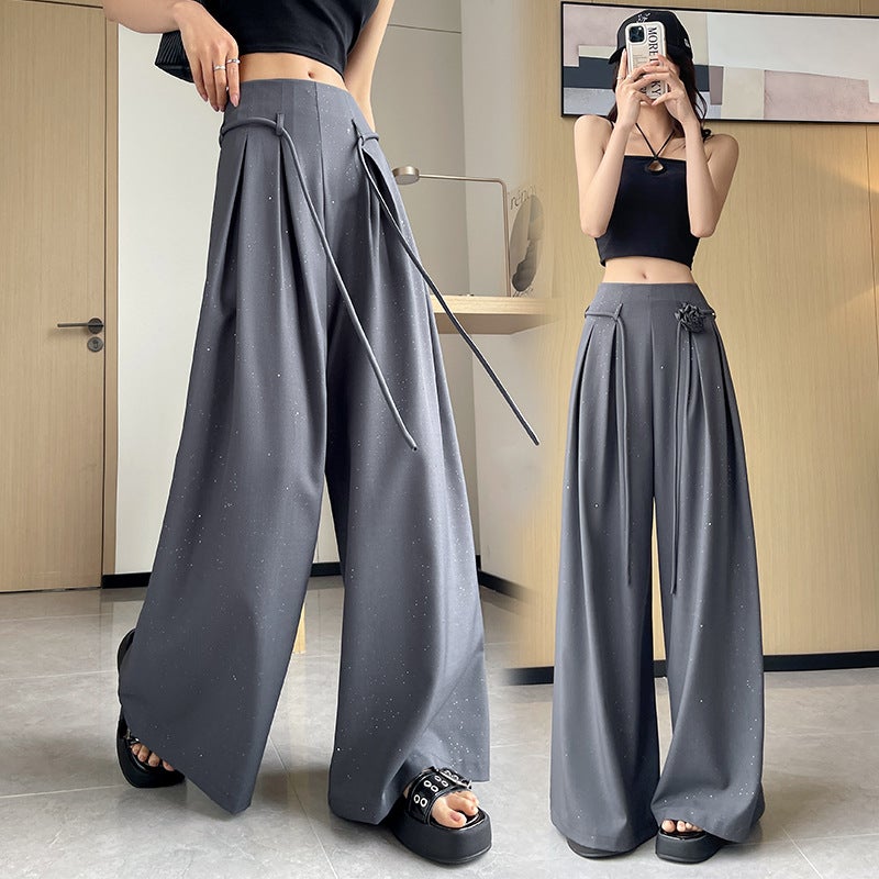 Western-style Drooping Pear-shaped Body-shaped Flesh-covered Slimming Suit Wide-leg Pants Womens Spring and Summer High Waist Lace-up Big Leg Pants Grey - Image 1
