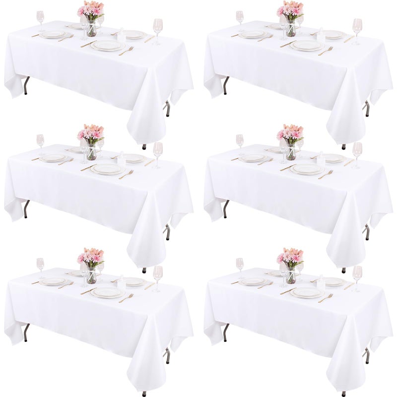 Kesfey 6 Packs White Polyester Table Cloths 60 x102 inch Rectangle High Density Washable Table Cloth Fabric Tablecloth for 6 Foot Tables Wrinkle Resistant Tablecover for Wedding Buffet Banquet Party - Image 1