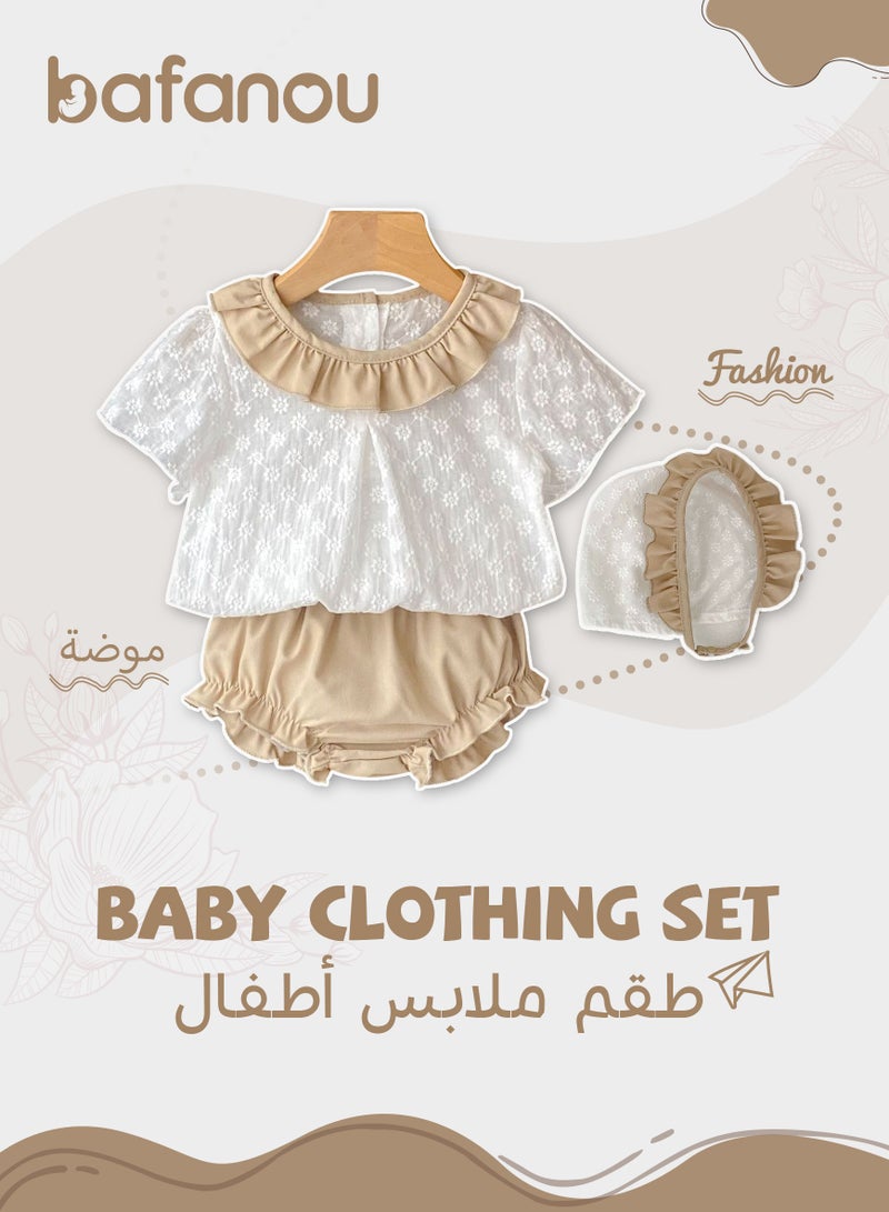 Bafanou Bafanou Summer Infant Girls Solid 3 pcs Sets Baby Peter Pan Collar Clothes Set Toddler Cotton Clothing With Hat - Image 1