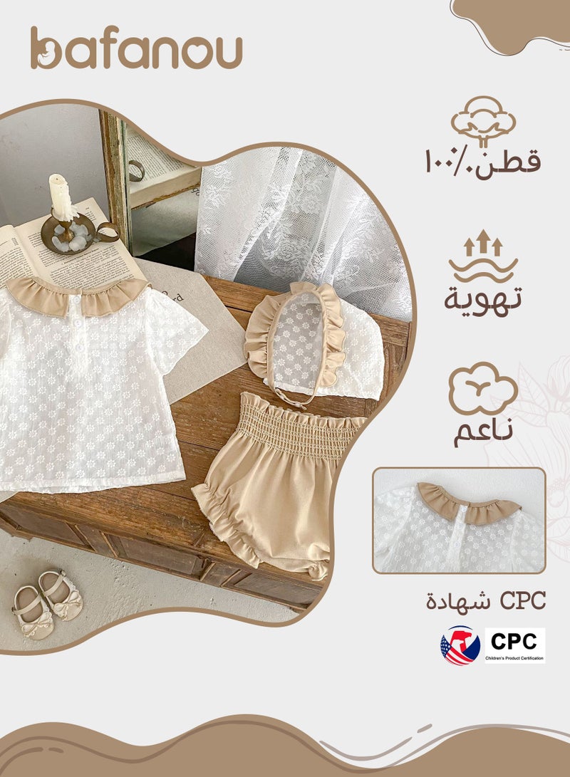 Bafanou Bafanou Summer Infant Girls Solid 3 pcs Sets Baby Peter Pan Collar Clothes Set Toddler Cotton Clothing With Hat - Image 2
