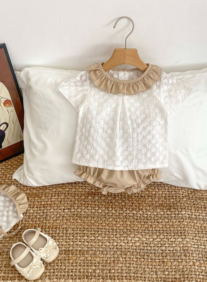 Bafanou Bafanou Summer Infant Girls Solid 3 pcs Sets Baby Peter Pan Collar Clothes Set Toddler Cotton Clothing With Hat - Image 4