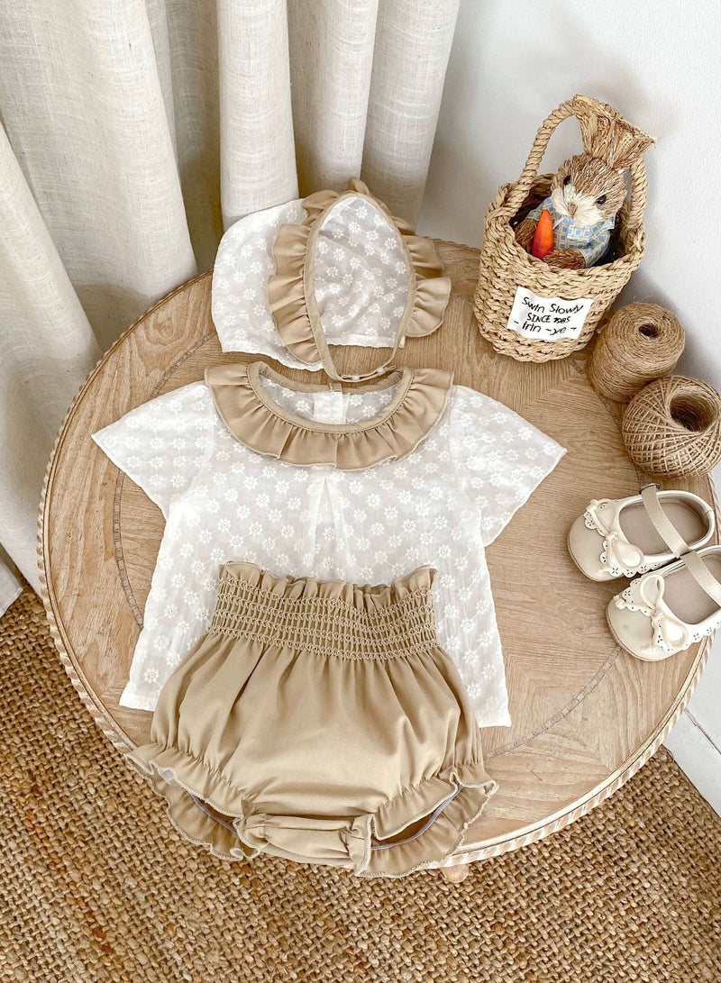 Bafanou Bafanou Summer Infant Girls Solid 3 pcs Sets Baby Peter Pan Collar Clothes Set Toddler Cotton Clothing With Hat - Image 5