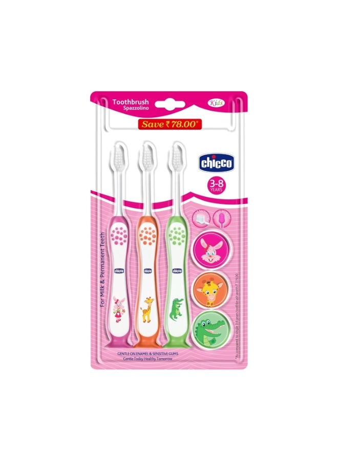 Chicco Toothbrush 3Y-8Y 3 Pack- Pink, Orange & Green - Image 2