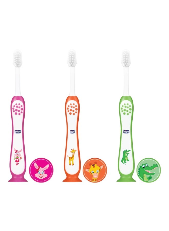 Chicco Toothbrush 3Y-8Y 3 Pack- Pink, Orange & Green - Image 3