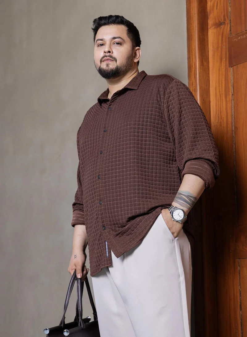 Instafab Plus Instafab Plus Men's Chocolate Brown Cube-Textured Shirt For Casual Wear | Spread Collar | Long Cuffed Sleeves | Button Closure | Plus Size Shirt Crafted With Comfort Fit For Everyday Wear