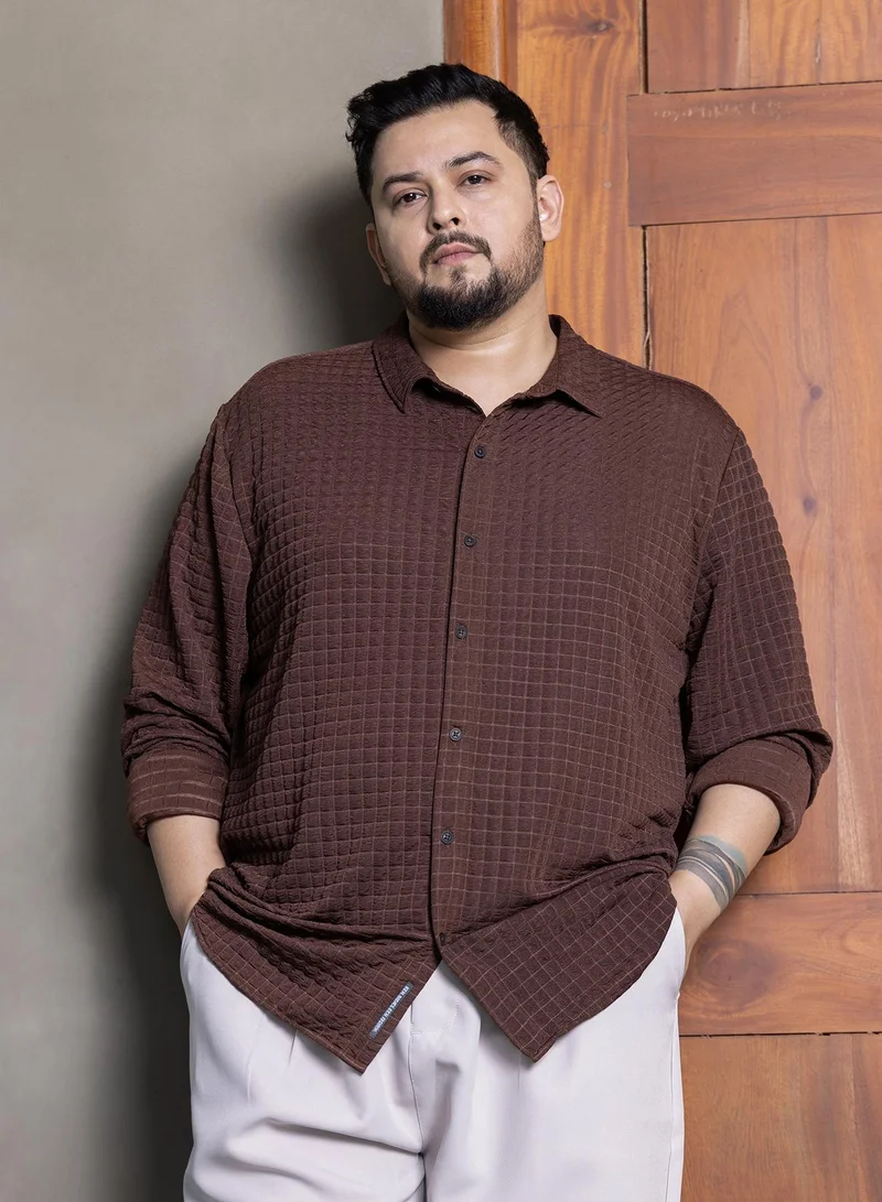 Instafab Plus Instafab Plus Men's Chocolate Brown Cube-Textured Shirt For Casual Wear | Spread Collar | Long Cuffed Sleeves | Button Closure | Plus Size Shirt Crafted With Comfort Fit For Everyday Wear
