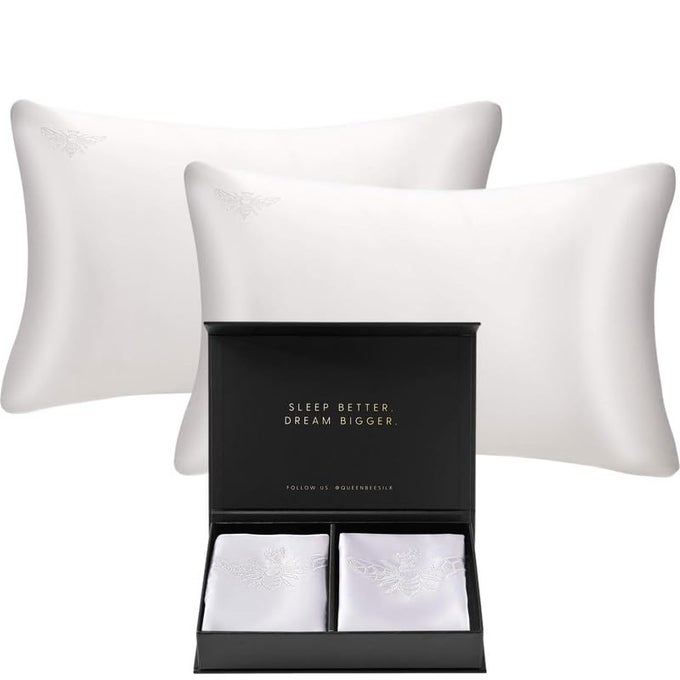 2 PACK SILK PILLOWCASE FOR HAIR AND SKIN 22 MOMME MULBERRY SILK CHARMEUSE WEAVE ENVELOPE CLOSURE QUEEN SIZE WHITE
