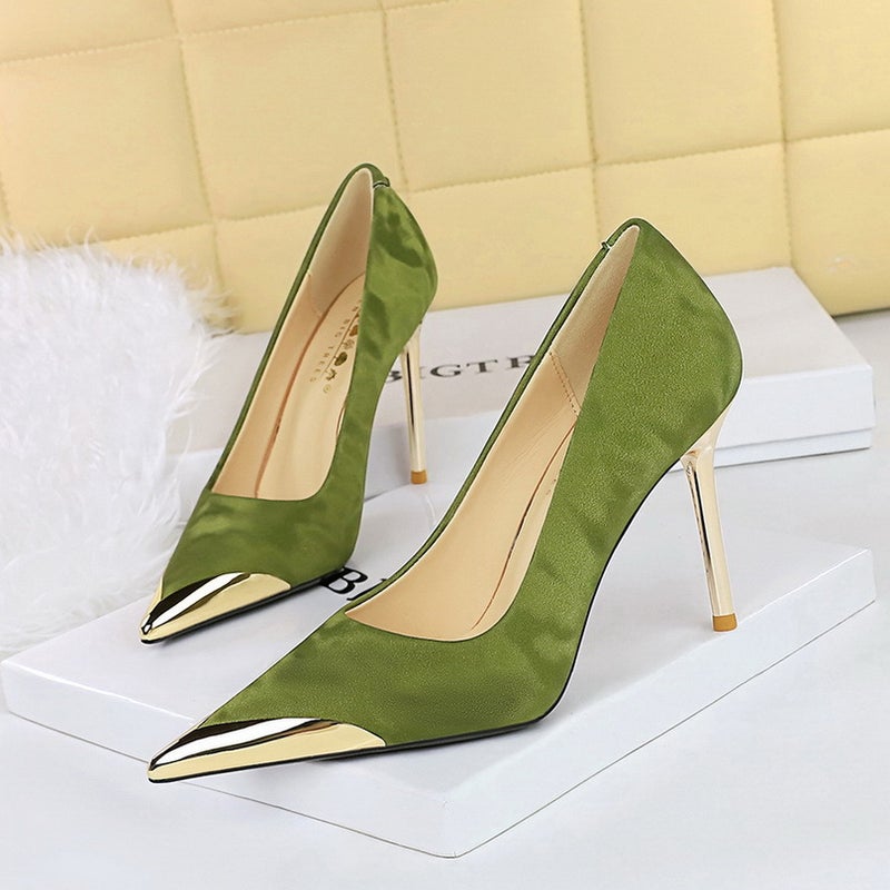 Metallic Pointed Toe Stiletto Heels for Women Green