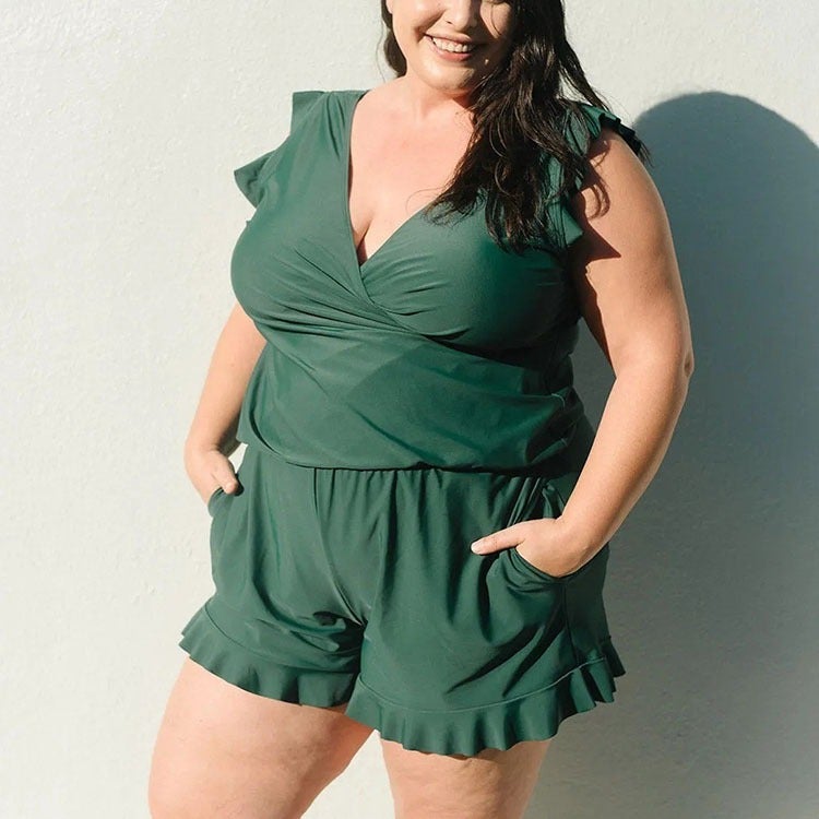 [One-Piece Swimsuit With Chest Pad With Lining] 2024 Solid Color Plus Size Swimsuit Swimsuit Seaside Holiday Conservative Swimming - Image 2