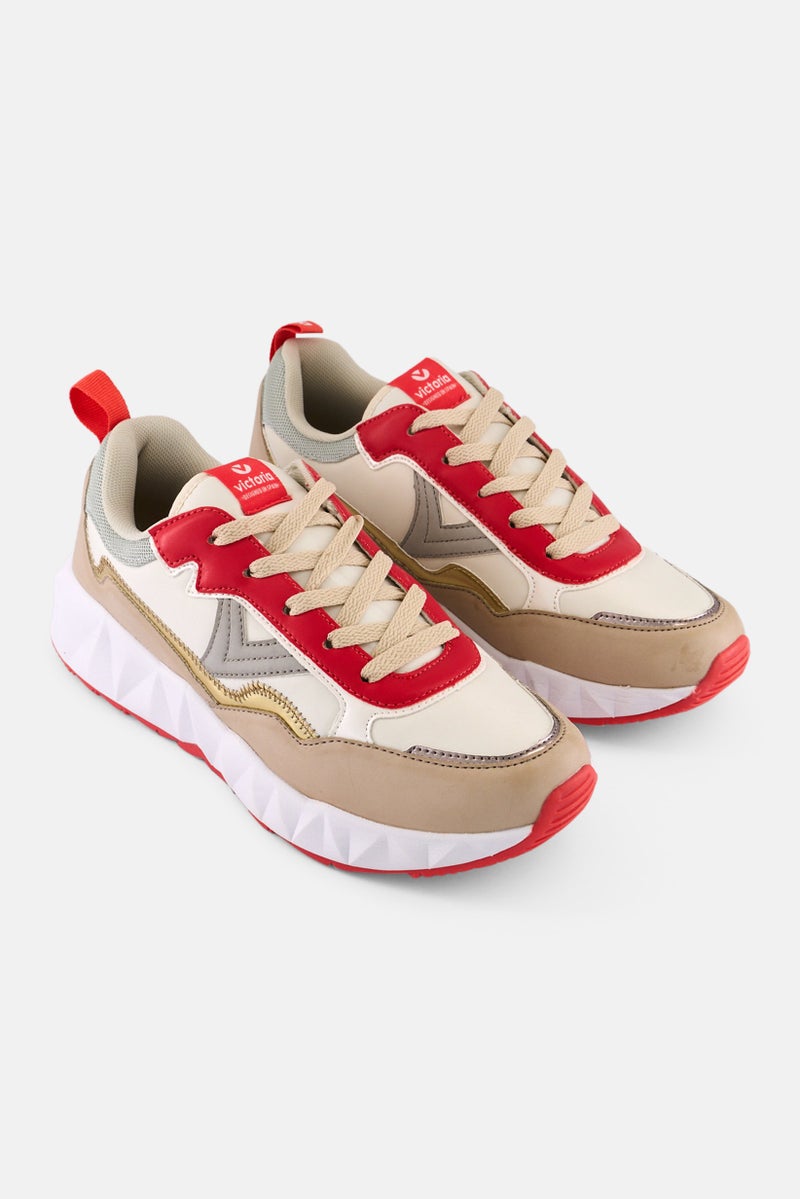 Victoria Women Lace Up Casual Sneakers, Beige - Image 1