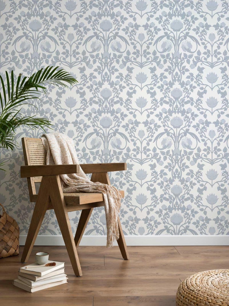 YXTII 17.3" Ã— 393.7" Blue Floral Peel and Stick Wallpaper, Damask Vintage Wallpaper for Bedroom Bathroom Self Adhesive Removable - Image 1