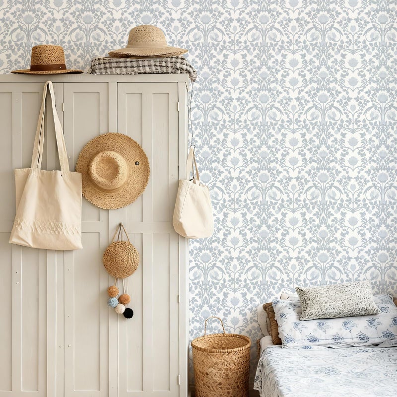 YXTII 17.3" Ã— 393.7" Blue Floral Peel and Stick Wallpaper, Damask Vintage Wallpaper for Bedroom Bathroom Self Adhesive Removable - Image 3