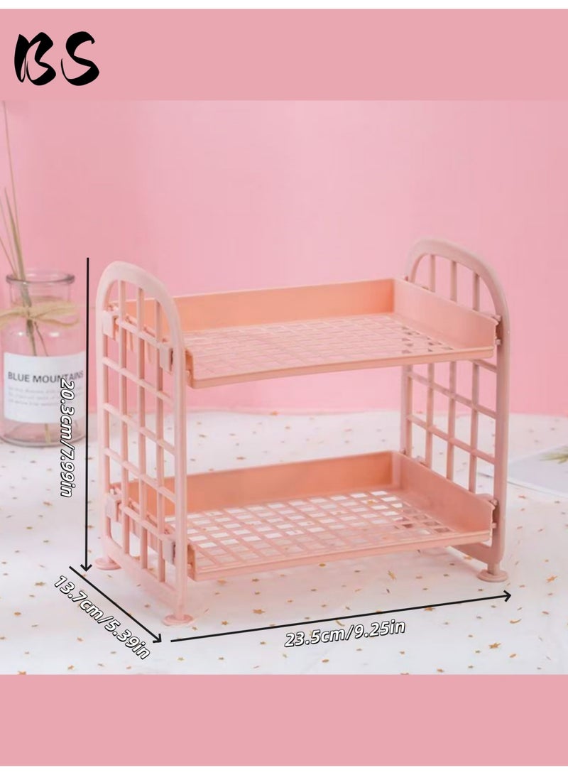 بي إس 2 مجموعات 2 أرفف بلاستيكية متعددة الوظائف | أرفف سطح المكتب | أرفف سلة مربعة قابلة للتعديل | مستحضرات التجميل والقرطاسية ومنتجات العناية بالبشرة | المكتب المطبخ غرفة نوم حمام المنزل (الأخضر والوردي). - Image 2