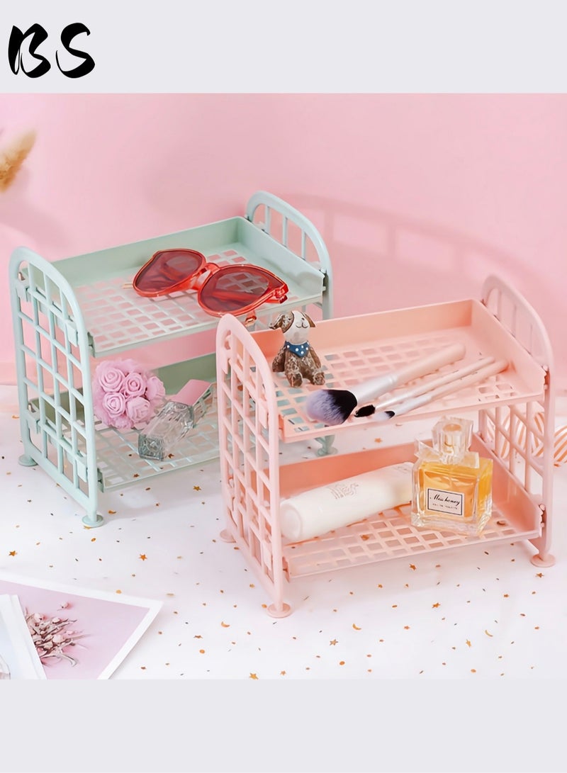 بي إس 2 مجموعات 2 أرفف بلاستيكية متعددة الوظائف | أرفف سطح المكتب | أرفف سلة مربعة قابلة للتعديل | مستحضرات التجميل والقرطاسية ومنتجات العناية بالبشرة | المكتب المطبخ غرفة نوم حمام المنزل (الأخضر والوردي). - Image 1