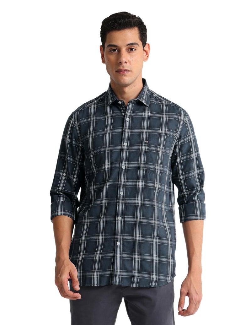 Arrow Men's Checkered Full Sleeve Slim Fit Cutaway Collar Cotton Casual Shirt Grey - Image 1
