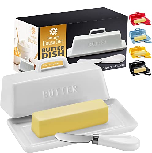 Smart House Inc Ceramic Butter Dish Set with Lid and Knife - [White]- Decorative Butter Stick Holder with Handle for 1 Stick of Butter - Microwave Safe, Dishwasher Safe - Anti-Scratch Stickers Included - Image 1